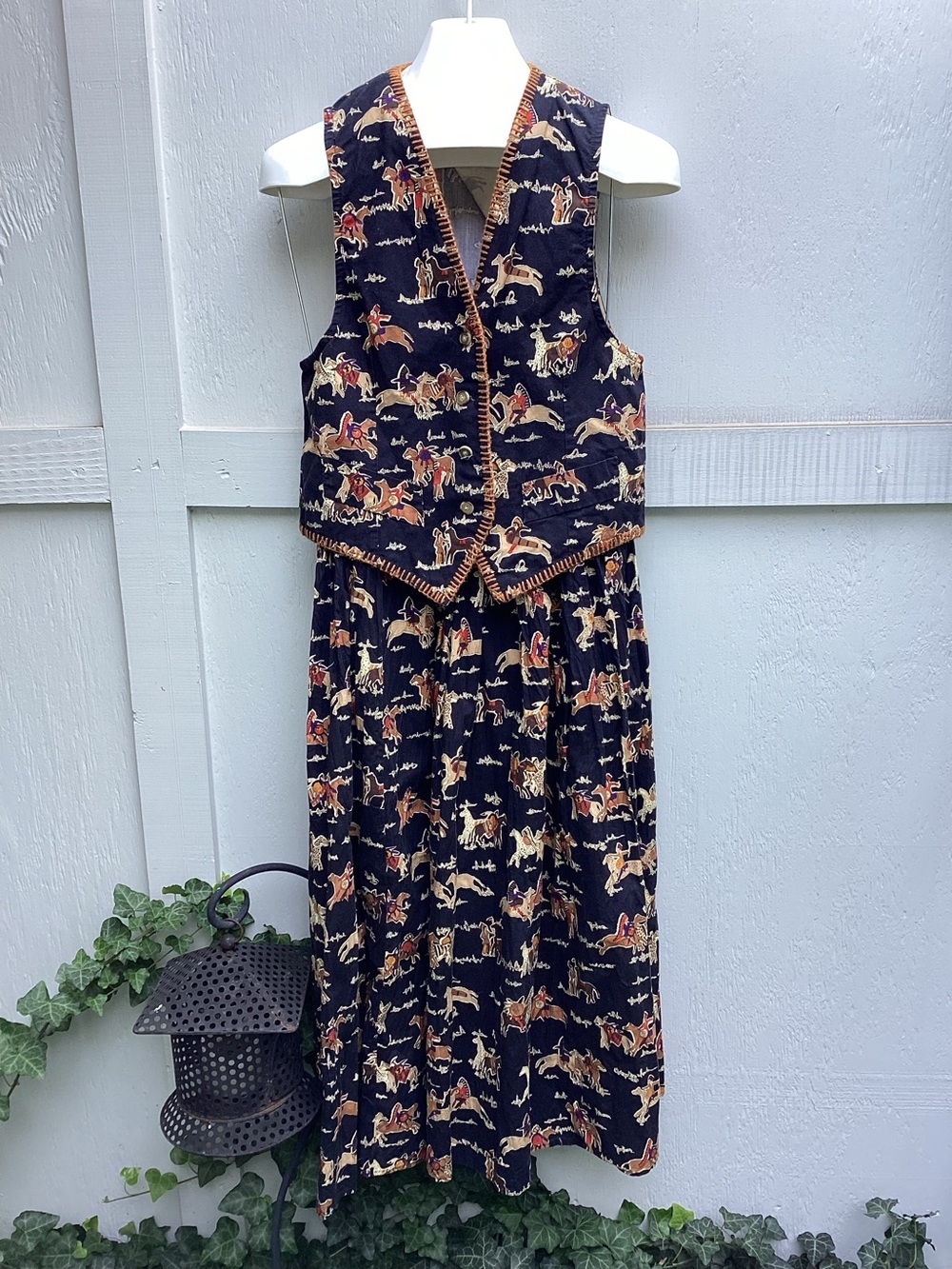 Circle T Navy and Cream Western Print Vest & Skirt Set by Marilyn Lenox.